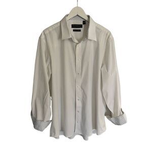 Nick Graham white 100% cotton button down shirt with patterned inner collar and
